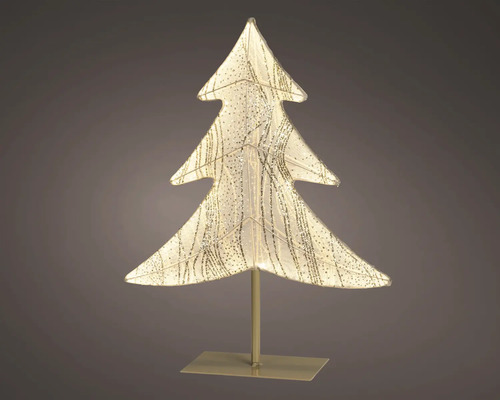 Sapin de Noël décoratif lumineux doré avec effet pailleté sur un socle rectangulaire.