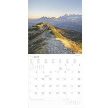 Wandkalender Blatt Januar 2027 mit Berglandschaft, felsiger Wanderweg und Berggipfel.