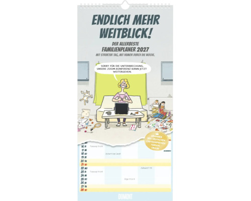 Familienplaner 2027 mit humorvollem Cartoon von Markus Grolik und übersichtlichem Kalendarium.