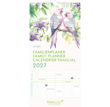 Familienplaner 2027 Jungle mit Abbildung von Kakadus und Passionsblumen, GreenLine CALENDARS Logo.