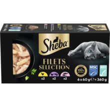 Sheba Katzenfutter Filets Selection mit Huhn und Fisch, 6 mal 60 Gramm. MSC und ASC zertifiziert. Sheba Logo.