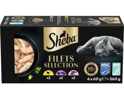 Sheba Katzenfutter Filets Selection mit Huhn und Fisch, 6 mal 60 Gramm. MSC und ASC zertifiziert. Sheba Logo.