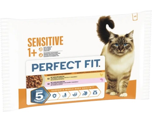Perfect Fit Sensitive 1 plus Katzenfutter in Beuteln, Multipack mit Huhn und Karotten sowie Lachs und Karotten.
