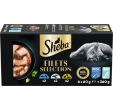 Sheba Filets Selection Katzenfutter Multipack 6 mal 60 Gramm mit Huhn und Fisch, zertifiziert für nachhaltige Fischerei und verantwortungsvolle Zucht.