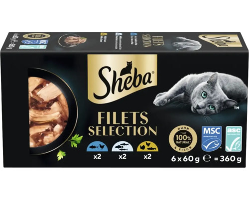 Sheba Filets Selection Katzenfutter Multipack 6 mal 60 Gramm mit Huhn und Fisch, zertifiziert für nachhaltige Fischerei und verantwortungsvolle Zucht.