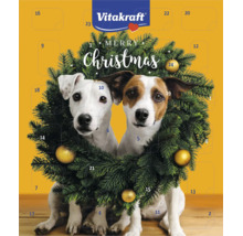 Vitakraft Adventskalender für Hunde mit zwei Hunden in einem Weihnachtskranz, vierundzwanzig Türchen und Vitakraft Logo.