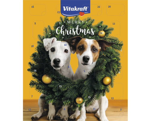 Vitakraft Adventskalender für Hunde mit zwei Hunden in einem Weihnachtskranz, vierundzwanzig Türchen und Vitakraft Logo.