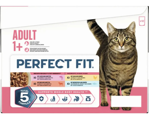 Perfect Fit Katzenfutter Adult 1 plus, 12er-Pack Multipackung in Sauce mit verschiedenen Sorten wie Lachs, Rind, Huhn und Meeresfisch.