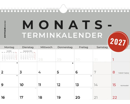 ZETTLER Monatsterminkalender 2027 mit Spiralbindung und Monatsübersicht.