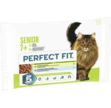 Perfect Fit Senior 7 plus Katzen-Nassfutter in Sauce, gemischte Auswahl mit Pute und Karotten sowie Seefisch und Gemüse, 4 Portionsbeutel.