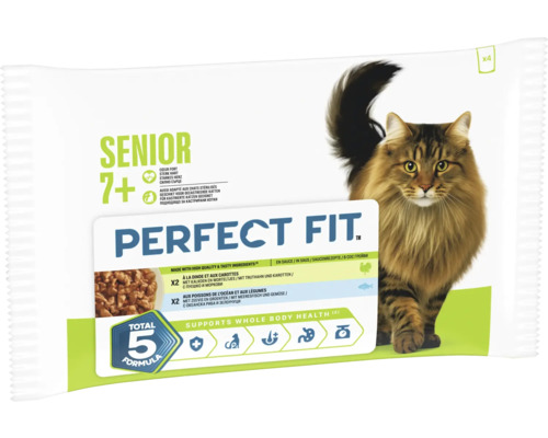 Perfect Fit Senior 7 plus Katzen-Nassfutter in Sauce, gemischte Auswahl mit Pute und Karotten sowie Seefisch und Gemüse, 4 Portionsbeutel.