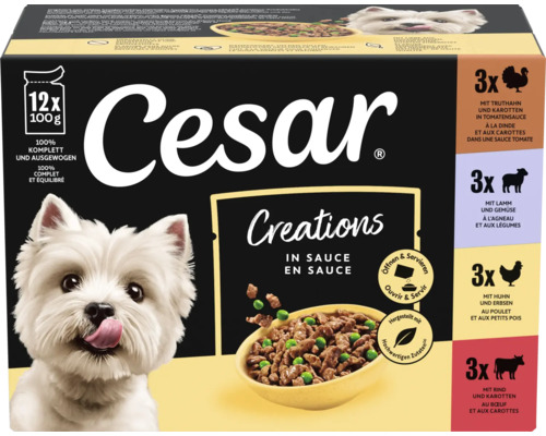 Cesar Creations Hundefutter Multipack mit 12 Beuteln zu je 100 Gramm, verschiedene Sorten in Sauce.