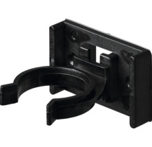 Rohrclip aus schwarzem Kunststoff mit rechteckiger Montageplatte.