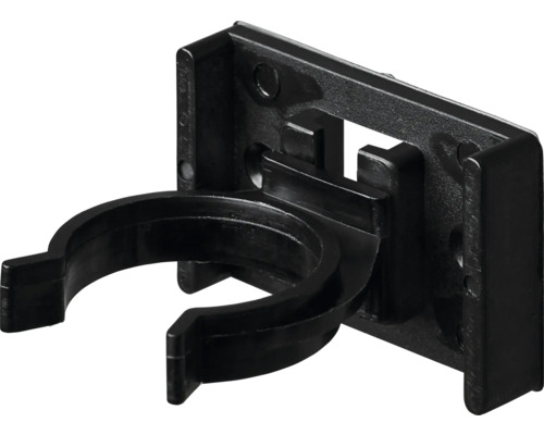 Clip de fixation pour tuyau en plastique noir avec plaque de montage rectangulaire.