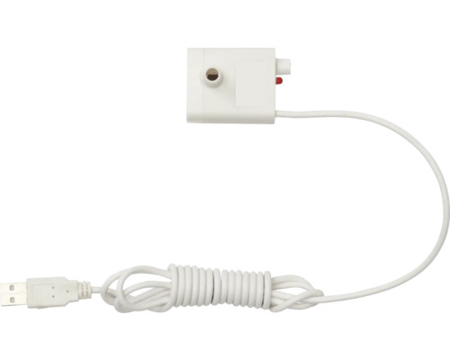 Petite pompe de fontaine d'intérieur blanche avec connexion USB et câble blanc.