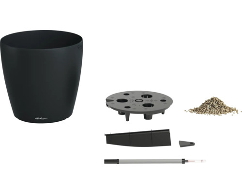 Set tout-en-un jardinière Lechuza avec système d'arrosage, plateau de séparation, indicateur de niveau d'eau et substrat.