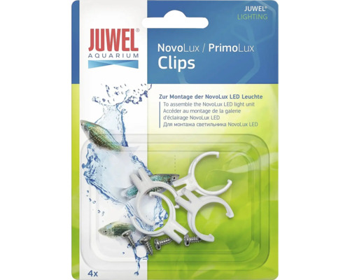 Juwel NovoLux und PrimoLux Clips zur Montage der LED-Leuchte im Aquarium, 4 weiße Kunststoffclips inklusive Schrauben.