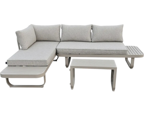 Modernes Garten-Lounge-Set bestehend aus einem Ecksofa mit grauen Polstern und integrierten Seitenablagen sowie einem passenden Loungetisch.