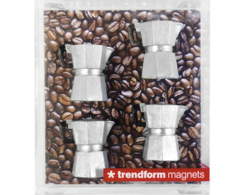 Trendform Magnet-Set mit vier kleinen silbernen Espressokochern im Moka-Stil, Trendform Logo.
