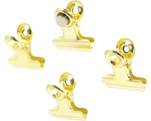 Vier magnetische Metallklemmen in Goldoptik.