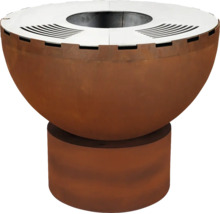 Feuerschale aus Cortenstahl mit Grillring und zylindrischem Sockel für den Außenbereich.