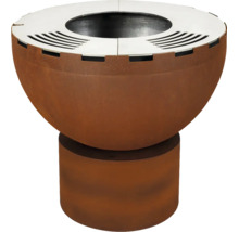 Brasero avec anneau de cuisson en acier inoxydable sur un socle cylindrique.