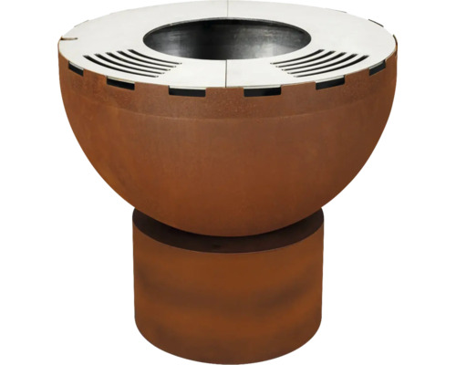 Brasero avec anneau de cuisson en acier inoxydable sur un socle cylindrique.