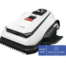 Robot tondeuse blanc avec capteurs, bouton stop rouge et fonction de coupe des bordures. Compatible avec SMART HOME by hornbach.
