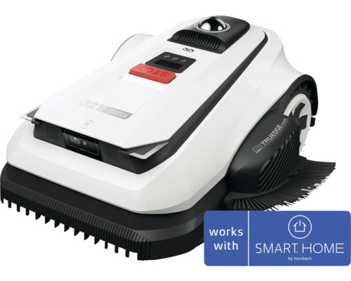 Robot tondeuse blanc avec capteurs, bouton stop rouge et fonction de coupe des bordures. Compatible avec SMART HOME by hornbach.