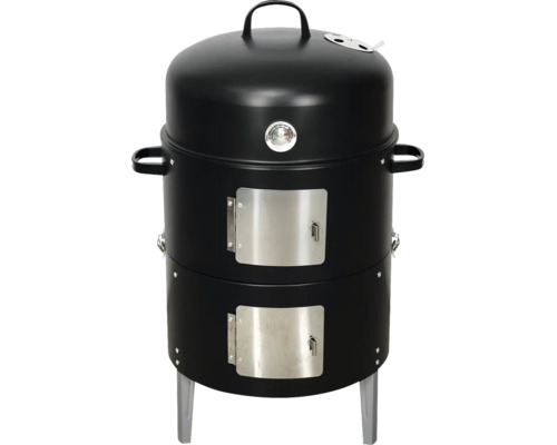 Vertikaler Smoker Grill aus Metall mit zwei Türen, Deckelthermometer und seitlichen Griffen.