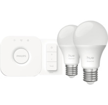 Philips Hue Starter Set bestehend aus Bridge, Dimmschalter und zwei LED Lampen mit E27 Fassung.
