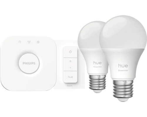 Philips Hue Starter Set bestehend aus Bridge, Dimmschalter und zwei LED Lampen mit E27 Fassung.