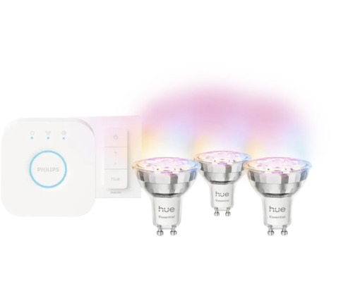 Philips Hue Starter Set mit Bridge, Dimmer-Schalter und 3 GU10 LED-Leuchtmitteln für die smarte Lichtsteuerung.