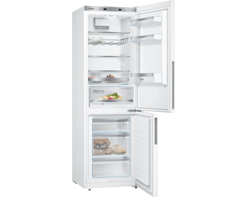 Bosch Kühl-Gefrierkombination weiß, geöffnete Türen, VitaFresh Fächer, Flaschengitter, drei Gefrierschubladen mit BigBox.