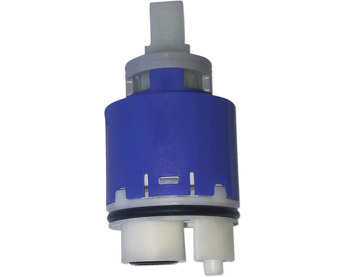 Keramikkartusche für Armaturen aus Kunststoff in Blau und Weiß.