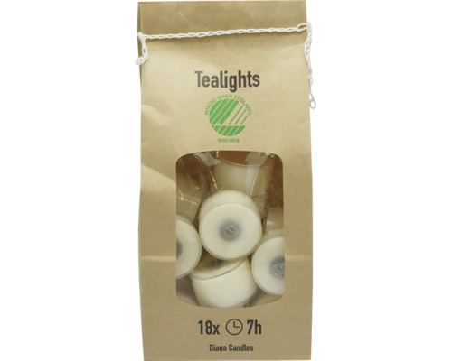 Packung mit 18 Teelichtern von Diana Candles, 7 Stunden Brenndauer, Nordic Swan Ecolabel.