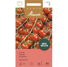 Mauser Logo, Samentüte für Tomate Zucchero F1 mit Abbildung kleiner runder Tomaten an einer Rispe, Siegel für Mauser Qualität und Bestseller.