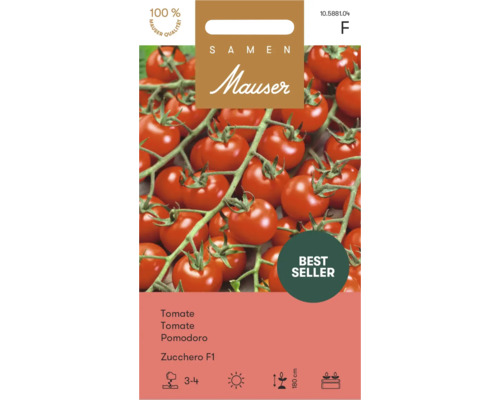 Mauser Logo, Samentüte für Tomate Zucchero F1 mit Abbildung kleiner runder Tomaten an einer Rispe, Siegel für Mauser Qualität und Bestseller.