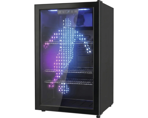 Réfrigérateur à boissons noir avec porte vitrée, motif de footballeur à LED, trois grilles et affichage numérique de la température.