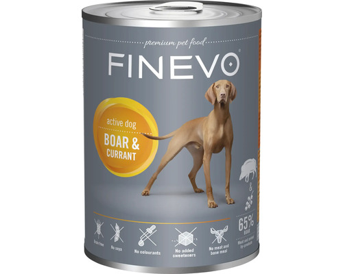 Nourriture humide FINEVO pour chiens actifs au sanglier et à la groseille, sans céréales et sans soja.