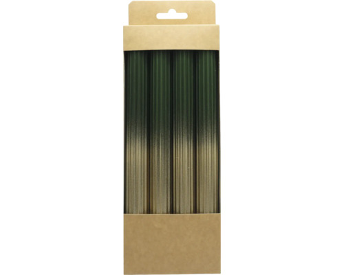 Vier geriffelte Stabkerzen mit Farbverlauf von Dunkelgrün zu Metallic-Gold in einer Kartonverpackung.