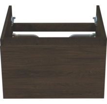 Meuble sous-vasque avec aspect bois foncé et une façade.