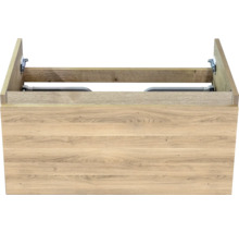 Meuble sous-vasque avec décor bois, vue de face avec structure interne visible et ferrures métalliques