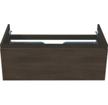 Meuble sous-vasque avec décor bois et rails de guidage intégrés pour la salle de bains.