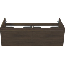 Meuble sous-vasque avec deux tiroirs en aspect bois foncé.