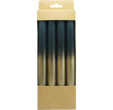 Vier Stabkerzen im Set mit Farbverlauf von Dunkelgrün zu Gold in einer Kartonverpackung.