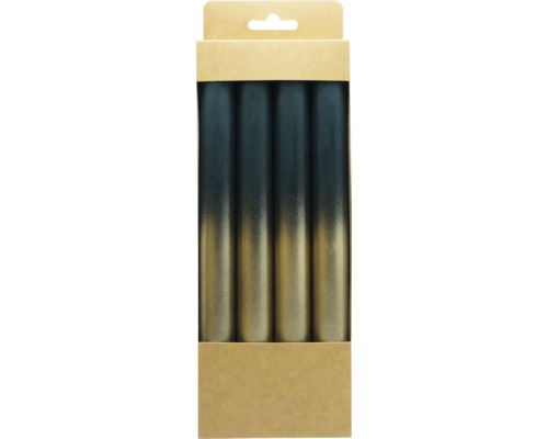 Vier Stabkerzen im Set mit Farbverlauf von Dunkelgrün zu Gold in einer Kartonverpackung.