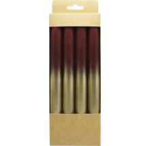 Vier Stabkerzen mit Farbverlauf von Dunkelrot zu Gold in einer Kartonverpackung.