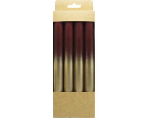 Vier Stabkerzen mit Farbverlauf von Dunkelrot zu Gold in einer Kartonverpackung.