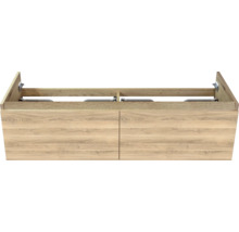 Meuble sous-vasque suspendu aspect bois avec deux tiroirs pour double vasque.